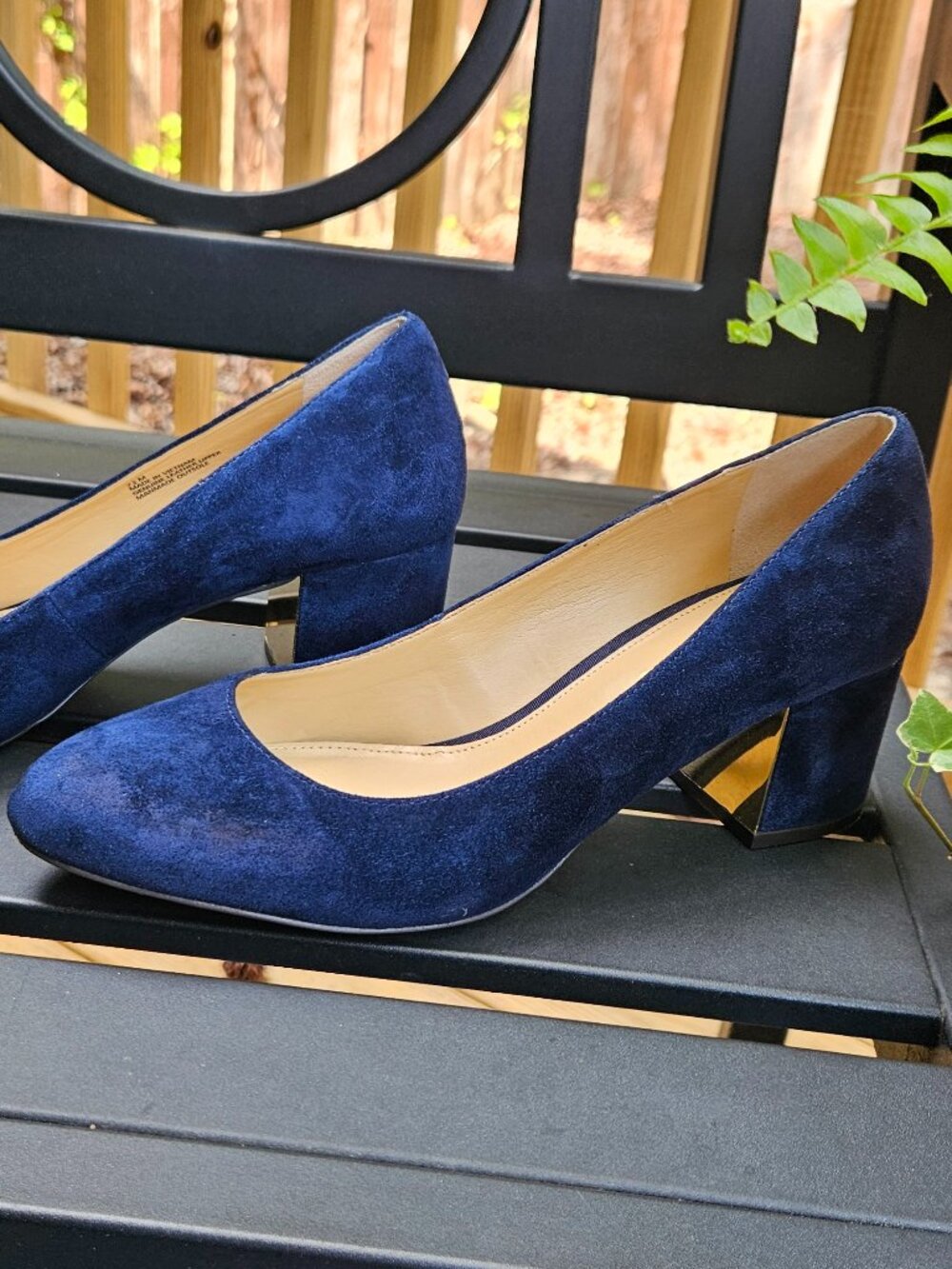 Talbots Navy Isa Suede Block Heels Gold Panel Almond Toe - Sz 7.5